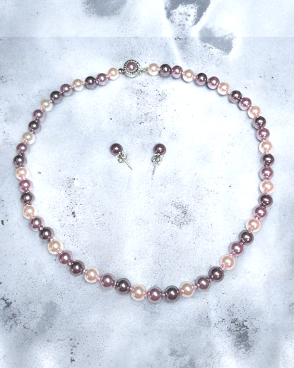 Juego Collar y Aretes | De Perlas Mallorca | Clásico Bicolor | Lila y Rosa 46cm 8MM