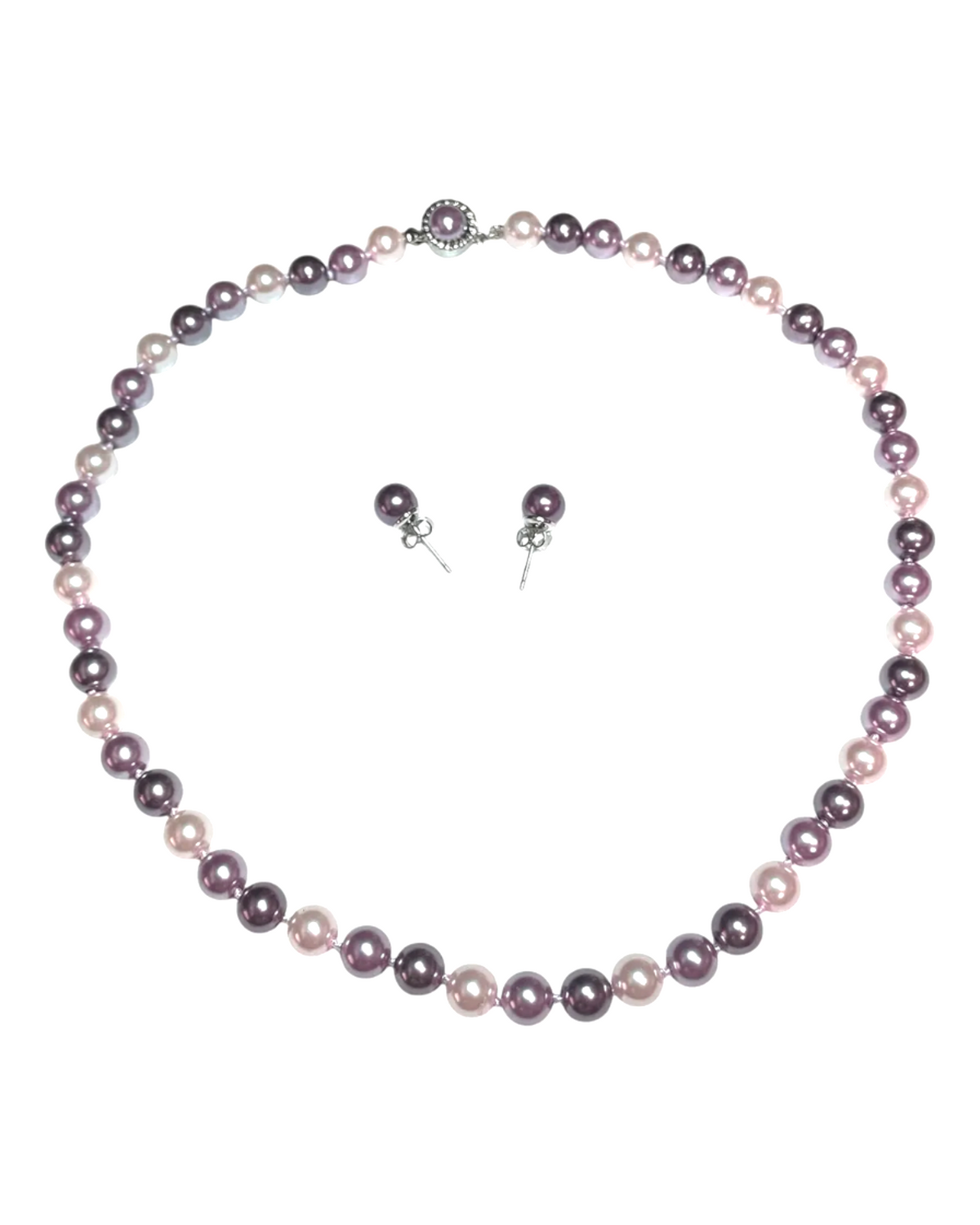 Juego Collar y Aretes | De Perlas Mallorca | Clásico Bicolor | Lila y Rosa 46cm 8MM