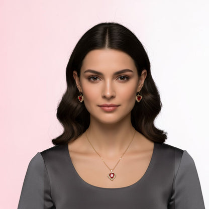 Set de Joyería Premium | Corazón Rojo Estilo Rubí | Marco de Filigrana Dorada