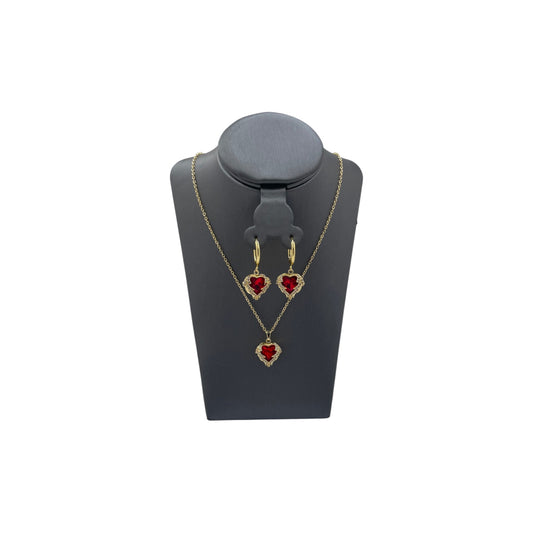 Set de Joyería Premium | Corazón Rojo Estilo Rubí | Marco de Filigrana Dorada