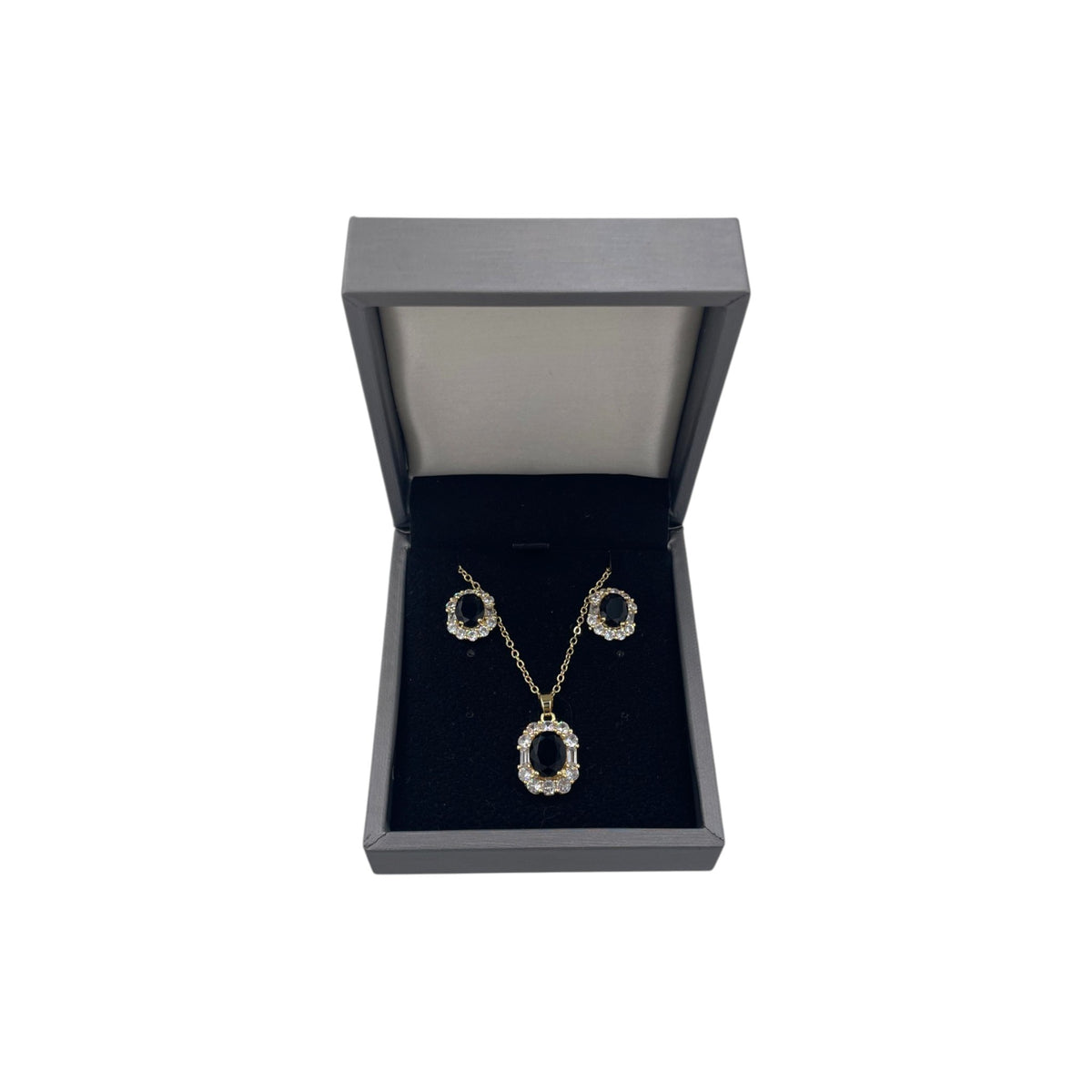 Set de Joyería Premium | Collar y Broqueles Ovalados | Piedra Negra & Halo Brillante
