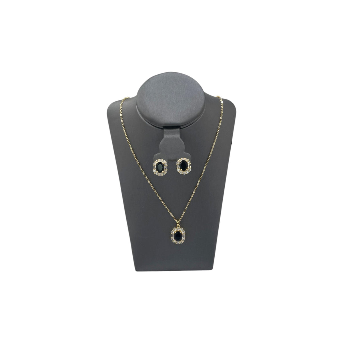 Set de Joyería Premium | Collar y Broqueles Ovalados | Piedra Negra & Halo Brillante