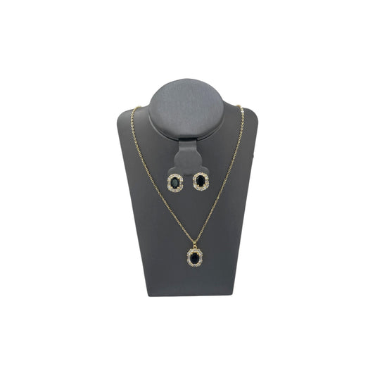 Set de Joyería Premium | Collar y Broqueles Ovalados | Piedra Negra & Halo Brillante