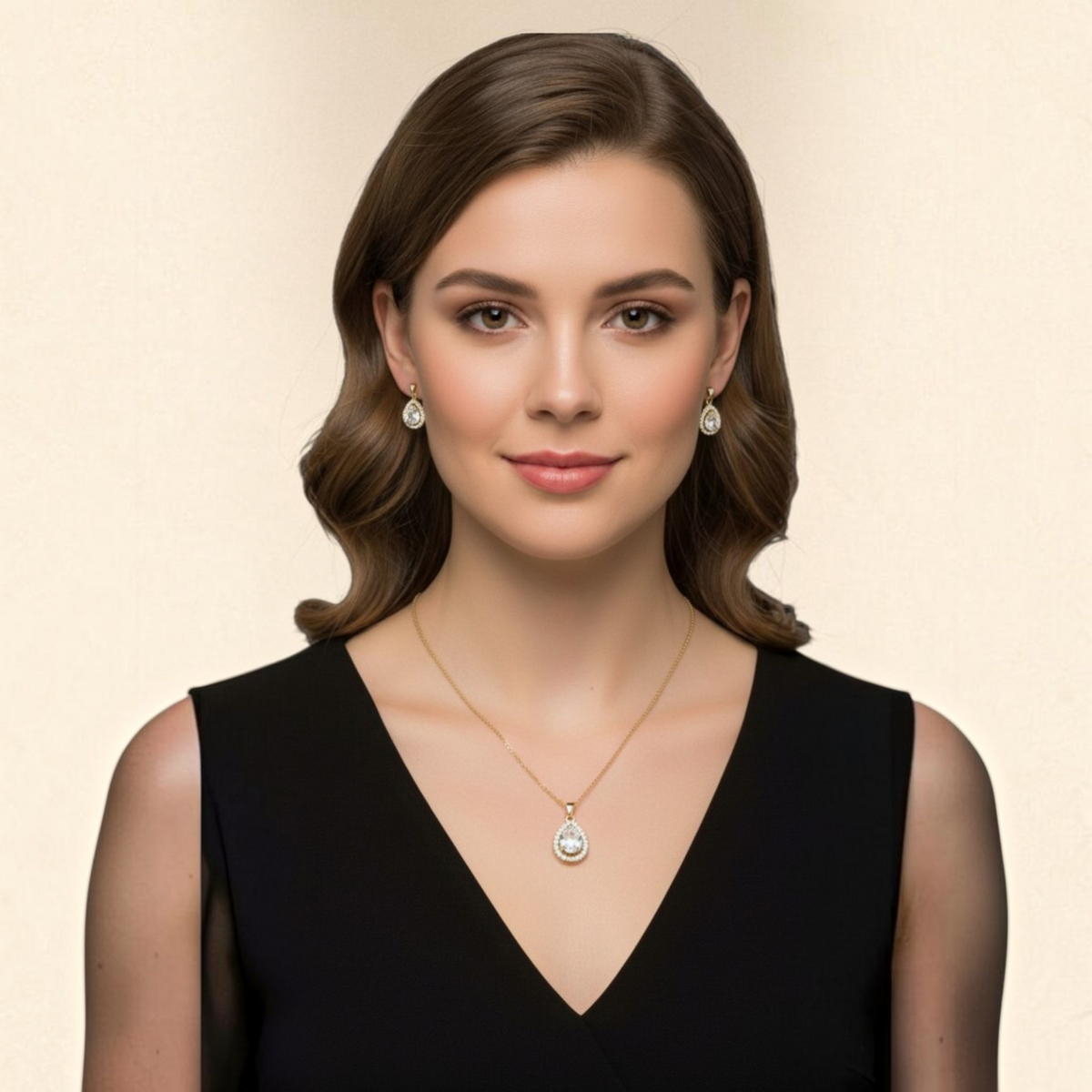 Set de Joyería Premium | Cristal con Zirconias | Estilo Gota en Chapa de Oro