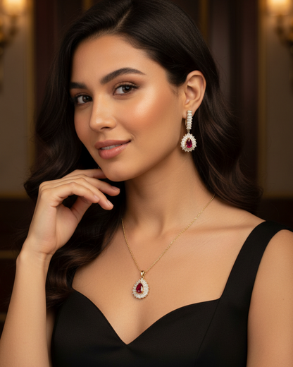 Set Elegante de Zirconia | Collar y Aretes Tipo Gota| Rojo con Brillo Premium