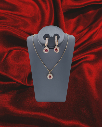 Set Elegante de Zirconia | Collar y Aretes Tipo Gota| Rojo con Brillo Premium